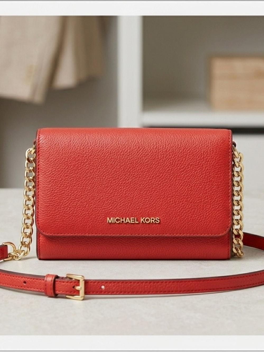 Michael Kors Red Leather Crossbody with Gold Chain Strap